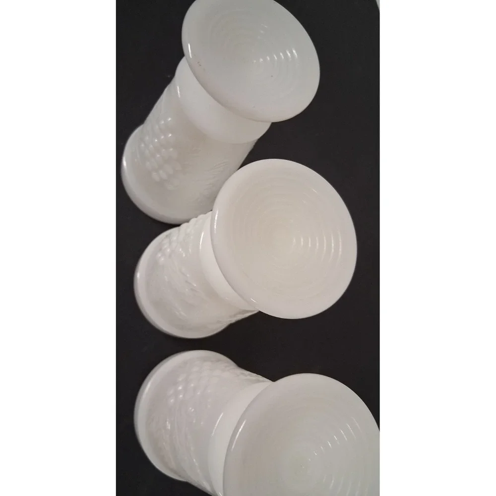 3 Vintage Anchor Hocking White Milk Glass Footed Tumbler Goblet Grape Vine